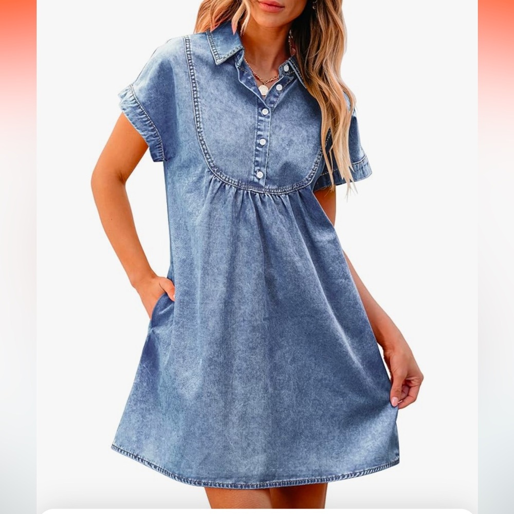 Denim mini M NWT Cap sleeve collared pockets shift dress